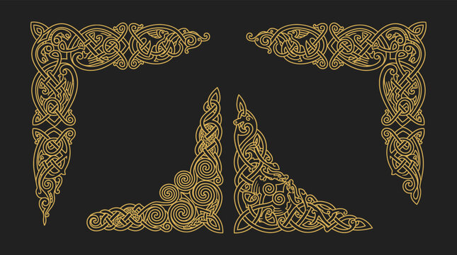 Celtic knotwork corner borders collection featuring intricate golden viking animal illustrations on a dark textured background for graphic design projects