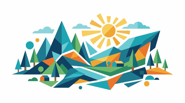 Stylized geometric mountain landscape with sun clouds trees and houses