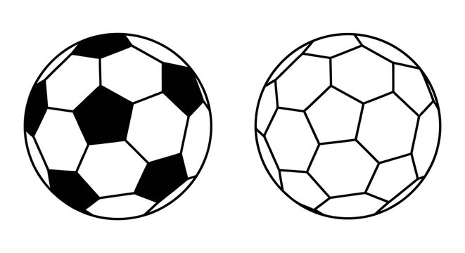 Soccer balls with pentagonal and hexagonal panels black and white line art