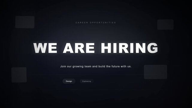Business recruitment event with we are hiring text display on a modern office screen background, digital illustration in 4K resolution, front view.