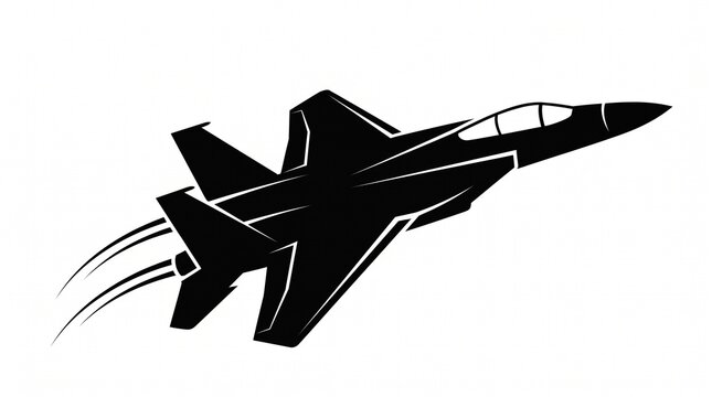 A high-contrast black and white vector graphic depicting a twin-tail military fighter jet soaring upwards with minimalist motion lines trailing behind it against a solid white background.