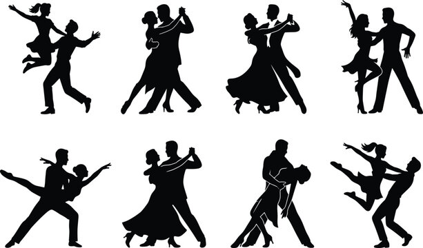 Collection of ballroom dancing couples silhouettes performing elegant romantic dance poses isolated on white background