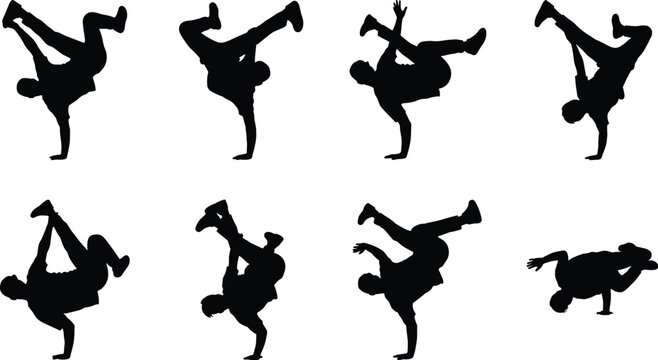 Collection of breakdancer silhouettes performing dynamic hip hop and breakdancing freezes isolated on white background