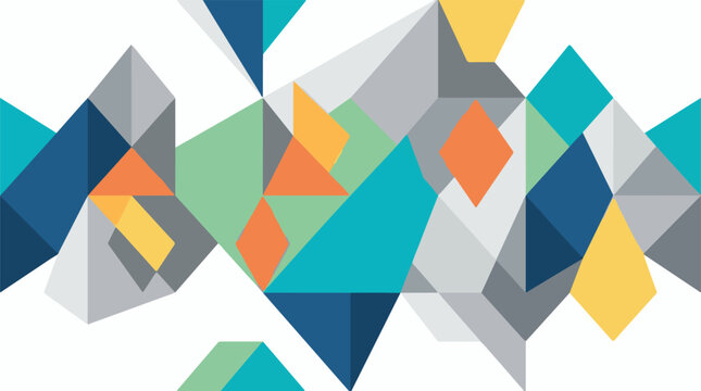 Abstract geometric shapes in blues greens oranges and yellows overlap