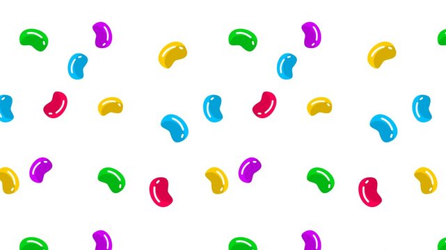 4K seamless loop animation of colorful jelly bean candy pattern moving diagonally on a white background