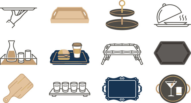 Serving tray icon set vector color food drink restaurant service fast food breakfast cloche board flat design