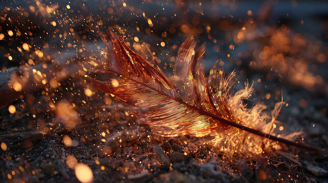 A glowing phoenix feather burning and scattering into glowing embers.