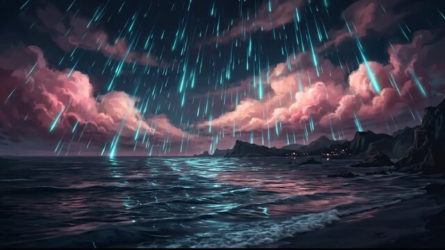 Meteor shower falling over night ocean with pink sunset clouds.