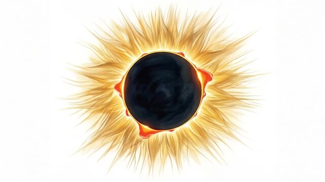 Stylized solar eclipse corona with golden rays on white background.