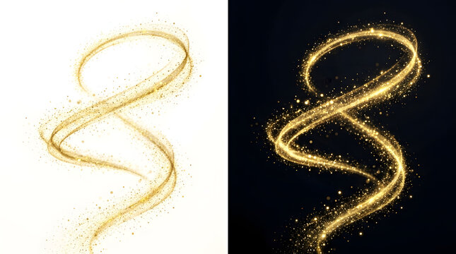 Golden Sparkle Swirls: Two ethereal swirls of golden light, adorned with shimmering particles, create a sense of magic and wonder against a contrasting white and dark background.