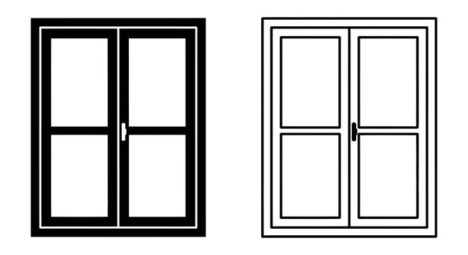 Double door window outline black and white vector illustration
