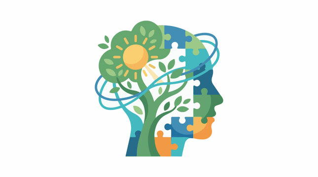 Abstract human head made of puzzle pieces with tree and sun inside