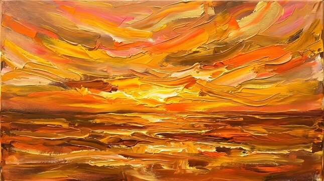 Sunset over the Ocean Horizon, Abstract Oil Painting with Thick Impasto Brushstrokes, Expressionist Golden Hour Sea Landscape