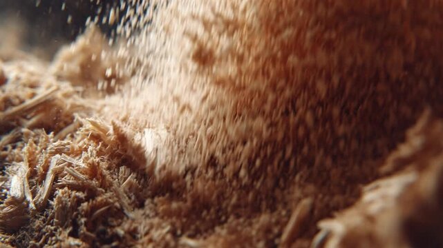 Macro shot of fine wood shavings and sawdust falling in slow motion, creating a dusty cloud