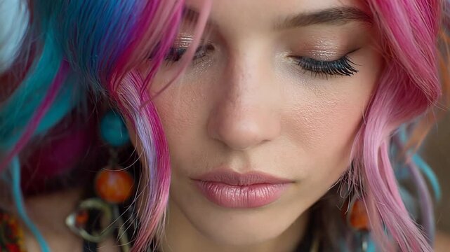Close-up of a young beautiful woman with dyed hair looking down with a sad expression