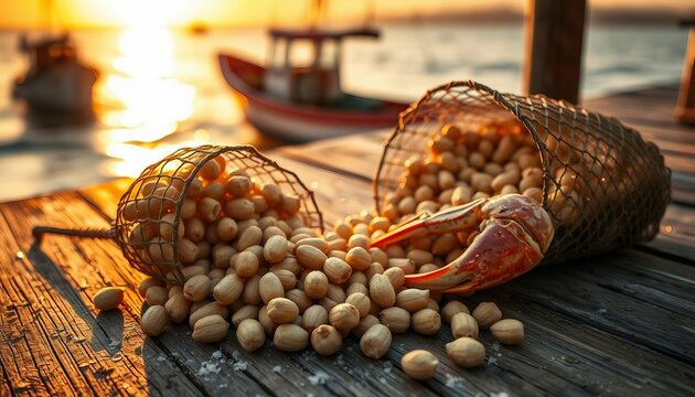 A crab claw lies among spilled peanuts and a woven net on a weathered wooden dock, warm golden-hour light illuminating textures while a blurred fishing boat floats on calm sea in the background.

