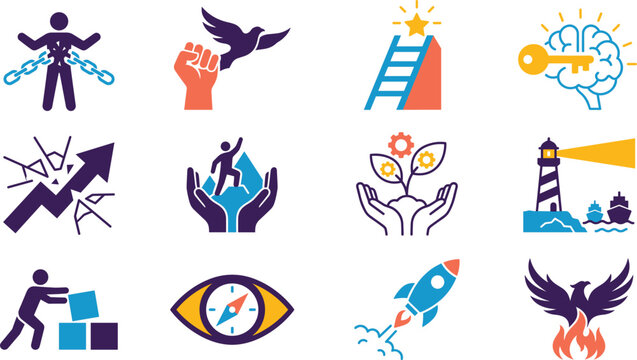 Personal growth and success motivation icon set showing broken chains freedom dove ladders key minds rockets and phoenix silhouettes
