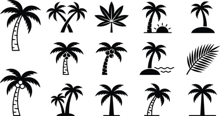 Palm tree tropical island beach icon set vector black and white coconut leaf summer holiday silhouette graphic design © MOMINA