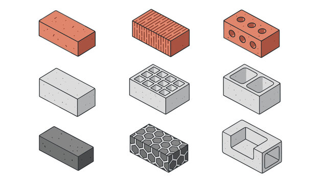 Comprehensive collection of nine different isometric bricks and concrete construction blocks in red, grey, and black tones.