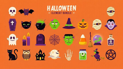 Fototapeta premium Halloween Elements Collection Flat Vector Icon Bundle Isolated Illustration Set