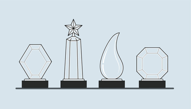 Set of four minimalist glass trophies and recognition awards displayed on a shelf against a light blue background.