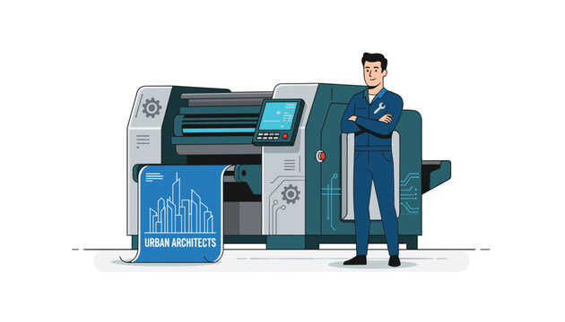 Proud urban architect standing with crossed arms next to a large digital plotter machine printing a blue blueprint of a city.