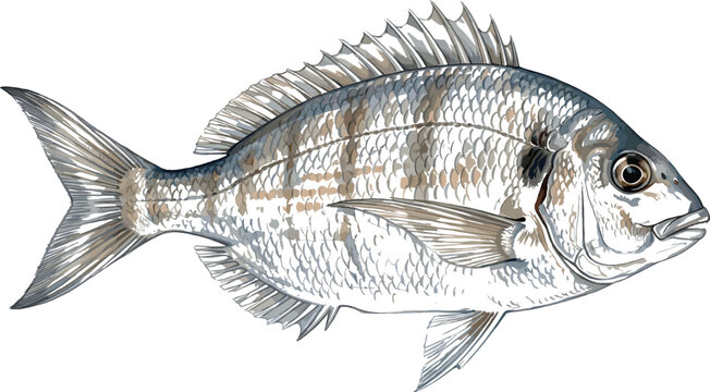 Gilthead seabream fish vector illustration realistic marine animal isolated on white background for seafood restaurant menu or fishing design