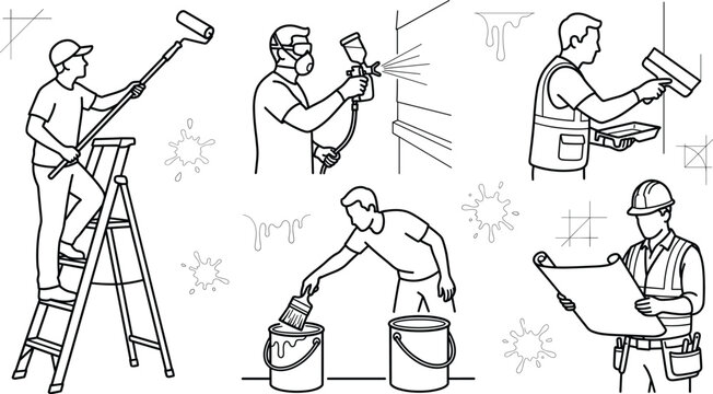 Professional house painter and decorator vector icons set featuring workers with roller spray gun brush and building blueprints