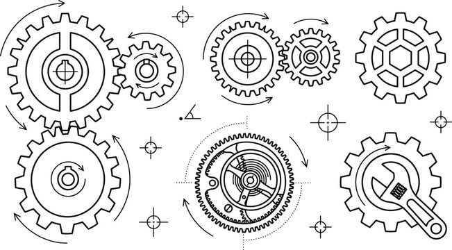 Mechanical gear outline vector icons set featuring blueprint cogs clockwork wheel and wrench tool for engineering concept design