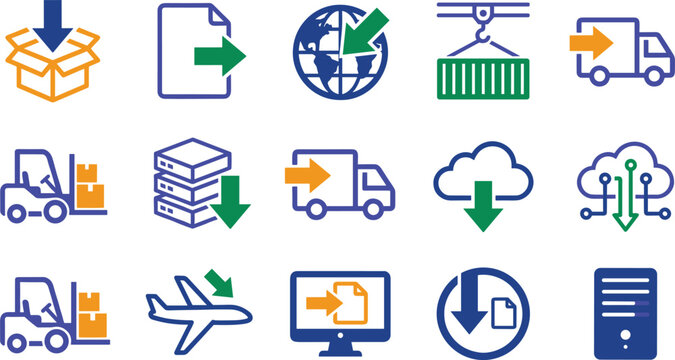 Logistics and data transfer icon set showing delivery trucks cargo containers forklifts airplanes cloud downloads and server importing