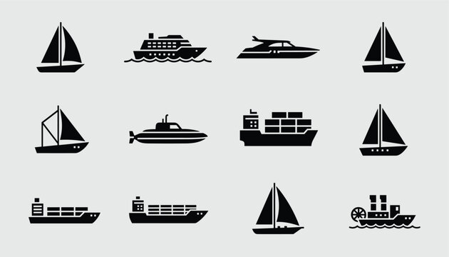 Group of black water transport and ship silhouette icons including sailboats, cargo ships, and a submarine.