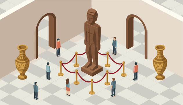 Museum exhibition hall isometric illustration with visitors looking at a large ancient statue and big clay vases.