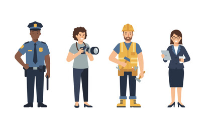 Fototapeta premium Character design illustration of four diverse professionals including a police officer, photographer, builder, and businesswoman.