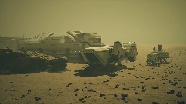 Mars base approach at low angle with rocky foreground, ramp and vehicles leading to habitat, cinematic warm tones and sparse industrial detail across plain.