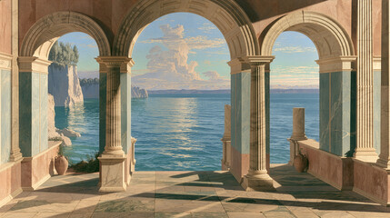 Fototapeta premium Classical naturalist painting of a trompe l'oeil architectural archway