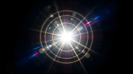 Obraz premium Cosmic Burst of Light: A brilliant starburst radiates energy, creating a vibrant spectacle of light and color against a dark background.