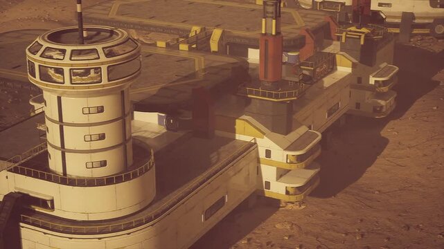 Mars communications tower and observatory overlooking sweeping dunes and colony modules antenna arrays, signal dishes, relay cabinets, and shadowed walkways set