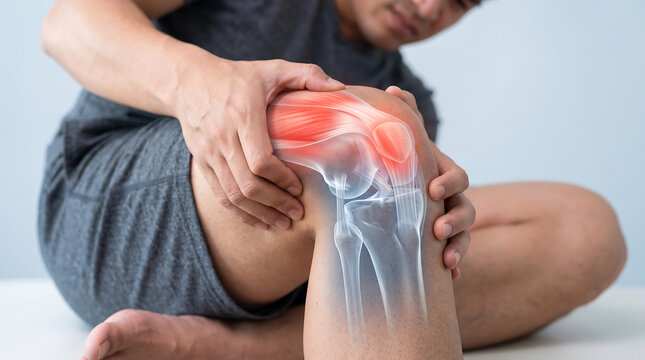 Man suffering from acute knee pain and discomfort, with a transparent visual highlighting the inflamed skeletal structure, indicating a medical condition