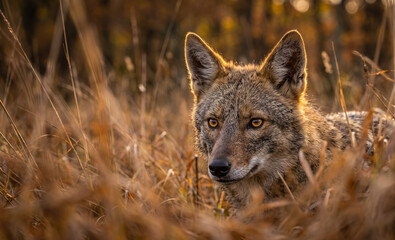 Fototapeta premium European Jackal Emerging from Autumn Grassland