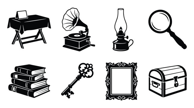 Vintage antique objects vector set, retro gramophone and oil lamp icons, black and white old fashioned household items for historical design