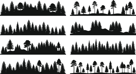 Fototapeta premium Forest Tree Border Black Silhouette Collection Featuring Woodland Landscape Horizons Nature Scene Vector Design Elements