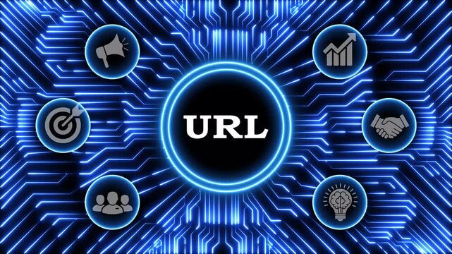 Digital marketing url concept animation on blue technology background circuit board.