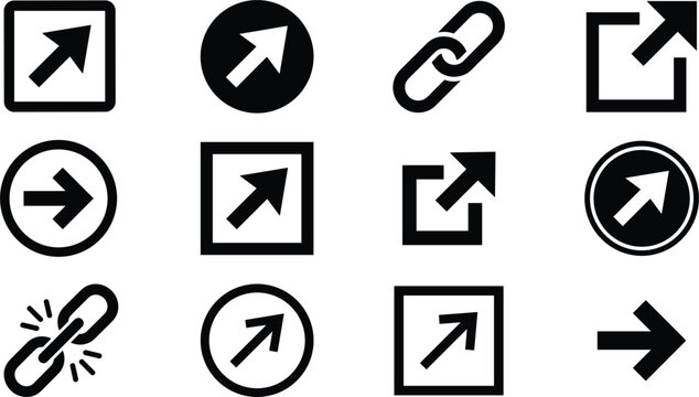 External link and arrow icon set showing diagonal pointer signs button shapes hyper link chains and url redirecting web silhouettes