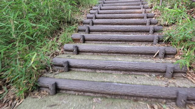 First-person view of walking up outdoor stone steps. Smooth forward camera movement, immersive POV perspective, natural environment, ideal for travel, hiking, adventure, and nature themes.