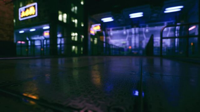 Rainslick Osaka floor reflecting neon signs, close lowangle view of textured metal panels and puddles, glistening highlights, gritty urban detail, cinematic wet