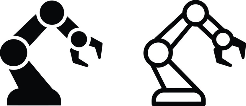 Robotic Arm Icon in solid and outline styles featuring automation, industrial robotics, artificial intelligence, and mechanical engineering concepts.
