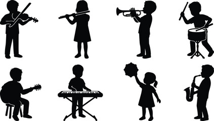 Children playing musical instruments black silhouettes vector set featuring kids with violin, flute, trumpet, drums, guitar, keyboard, tambourine, and saxophone © MdMorsalin