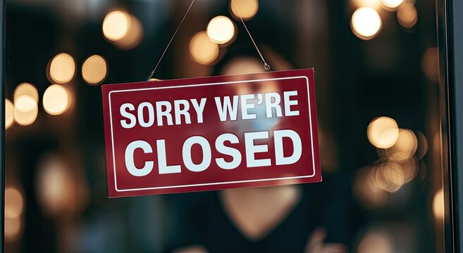 Red sign reads "SORRY WE'RE CLOSED" hanging in a window, person visible behind