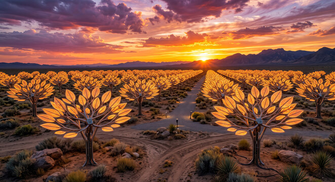 Smart Solar Trees Field Generating Clean Electricity at Sunset