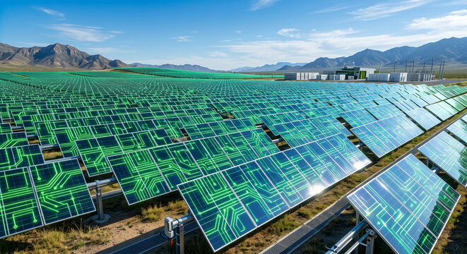 Futuristic Solar Panel Field with Green Circuit Innovations